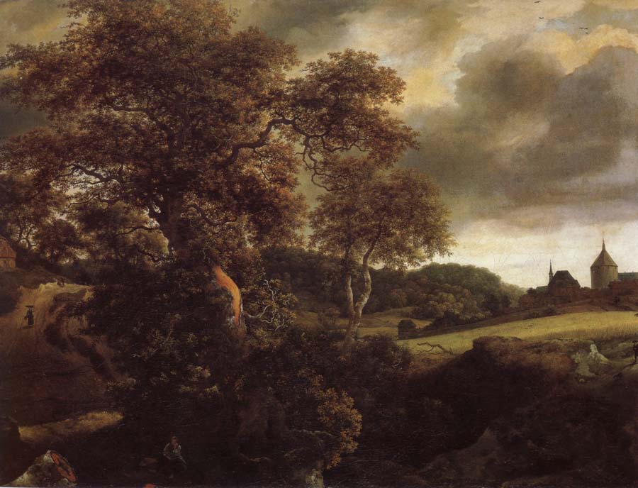 Hilly Landscape with a great oak and a Grainfield